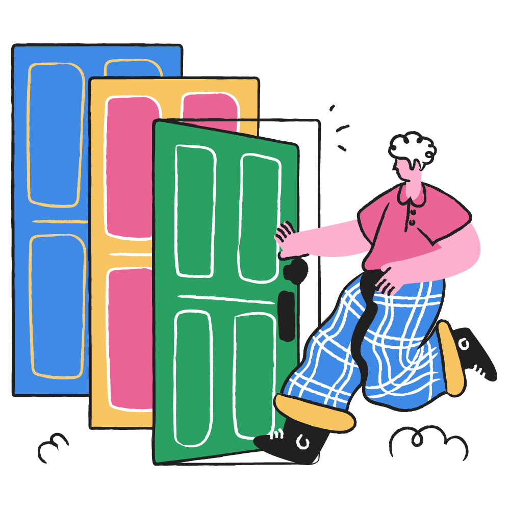 Illustration of a person stepping through an open door to a fresh start
